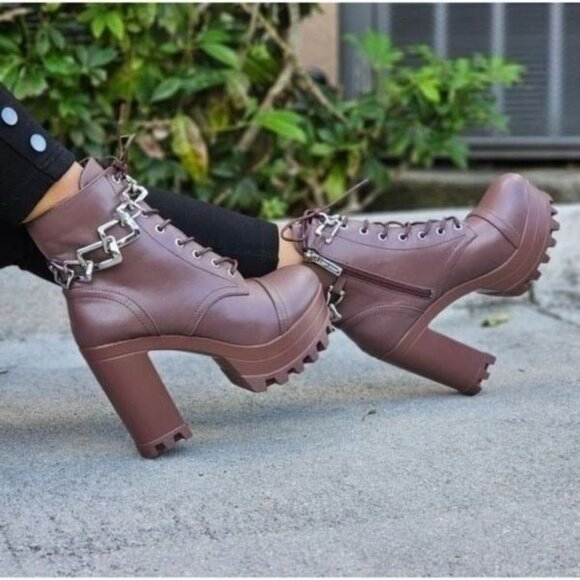Women's Platform Heel Boots Chunky Ankle Lace Up Mocha Color - Picture 2 of 5